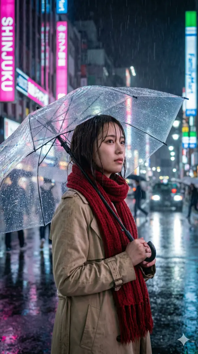 AI generated image example: hyper-realistic cinematic portrait of young woman with umbrella in rain on Tokyo street - Natural Language prompt format for Gemini and Midjourney