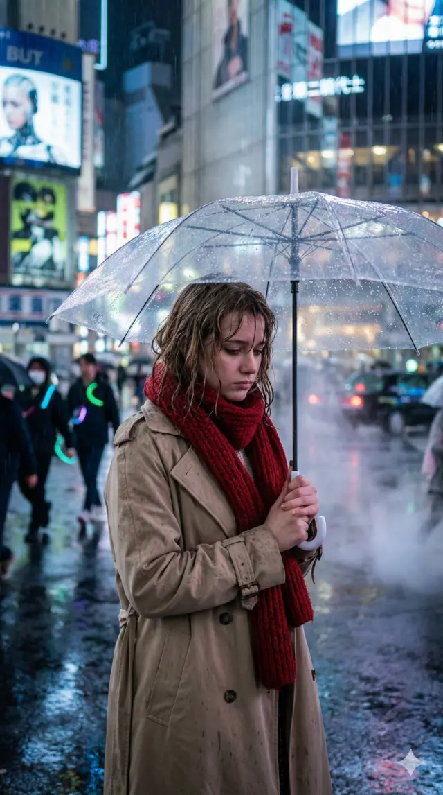 Professional AI art example: photorealistic woman holding transparent umbrella in heavy rain - Tag/Keyword prompt format optimized for AI image generators