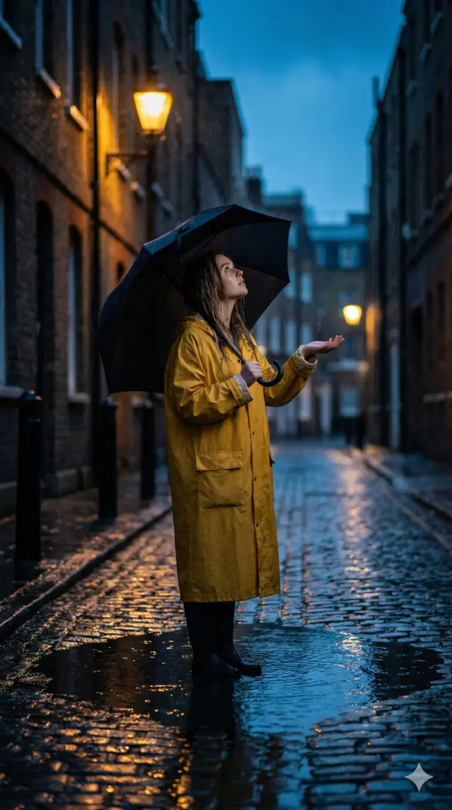 Cinematic AI image: solitary young woman in yellow raincoat with umbrella in moody London alleyway - Structured technical prompt format for advanced AI prompting